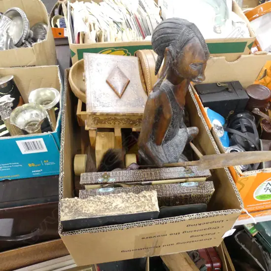 BOX LOT CARVED WOODEN AFRICAN WARRIOR, WOODEN TOYS, COLLAR BOX ETC
