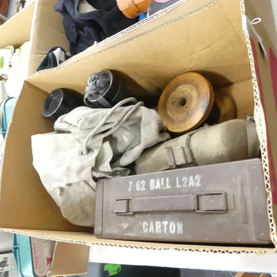 BOX ASST MILITARY ITEMS; AMMUNITION BOX, FLASK, KIT BAG ETC..