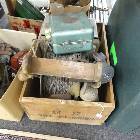 OLD WOODEN BOX WITH OLD GAS MASK, WOODEN WIND UP ELECTRICAL DISPENSER, OLD PRIMUS STOVE, MILITARY BOX ETC..