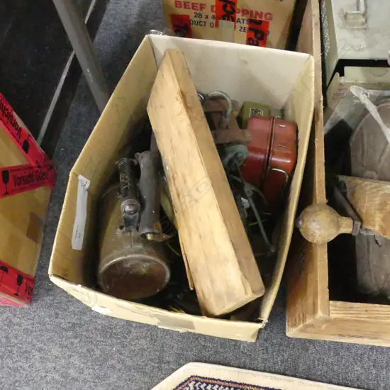 BOX LOT ASST INCL BRASS OIL CANS, COMMUNICATIONS EQUIP. ETC..