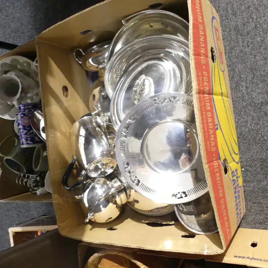 LG BOX ASST SILVER PLATE; SERVING DISHES, TEAPOTS ETC..