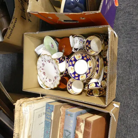 BOX ASST CHINA ETC. INCL RCD ROYAL ANTOINETTE PLATE, ROYAL ALBERT IMARI TEA SET