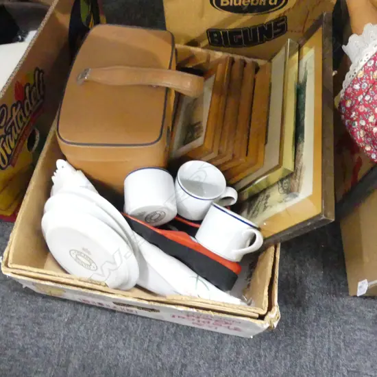 BOX LOT ARTWORKS, RETRO CASE, LINENS, PR ITALIAN SANDALS ETC