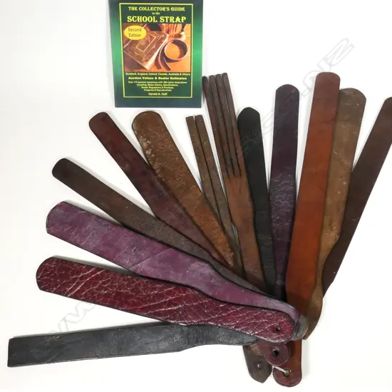13 VINTAGE LEATHER SCHOOL STRAPS (LONGEST L. 715MM) + THE COLLECTOR'S GUIDE TO THE SCHOOL STRAP