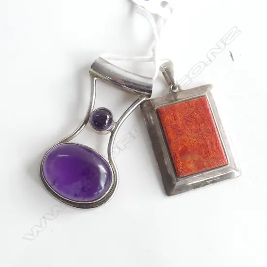 2 STYLISH SILVER PENDANTS. RETRO W AMETHYST & RED CORAL?