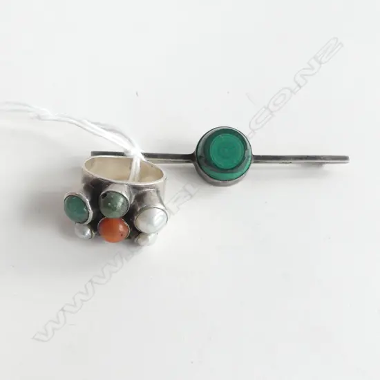 SILVER RETRO DESIGNER RING CABOCHONS & PEARLS + MALACHITE BROOCH