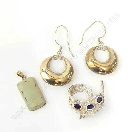 PR GOLD GILT HEAVY HOOP EARRINGS + PENDANT & STG SILVER BROOCH