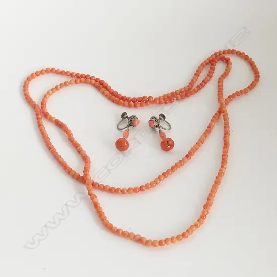 VINTAGE MEDITTERANEAN CORAL NECKLACE & EARRINGS L.1010mm