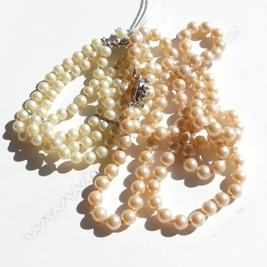 FAUX PEARL 3 STRAND BRACELET & LONG NECKLACE - BOTH HAVE ORNATE CLASPS