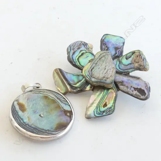 LG PAUA SHELL FLOWER SHAPED BROOCH & SILVER & PAUA SHELL PENDANT