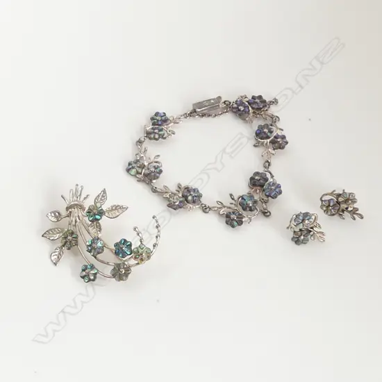 G.D BEATSON FLOWER SPRIG SILVER AND PAUA BROOCH, BRACELET AND EARRINGS