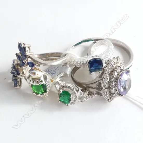 6 STG & BLUE / GREEN FAUX GEMSTONE RINGS 18 GRAMS