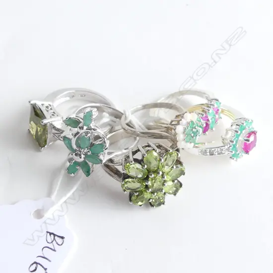 6 STG & GREEN GEMSTONE RINGS 24 GRAMS