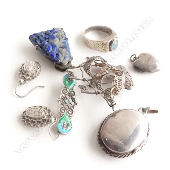 7 PCES STG JEWELLERY; OPAL RING, PR EARRINGS, SHIP BROOCH, BLUE STONE DRESS CLIP, 2 LOCKETS, BROOCH 33 GRAMS