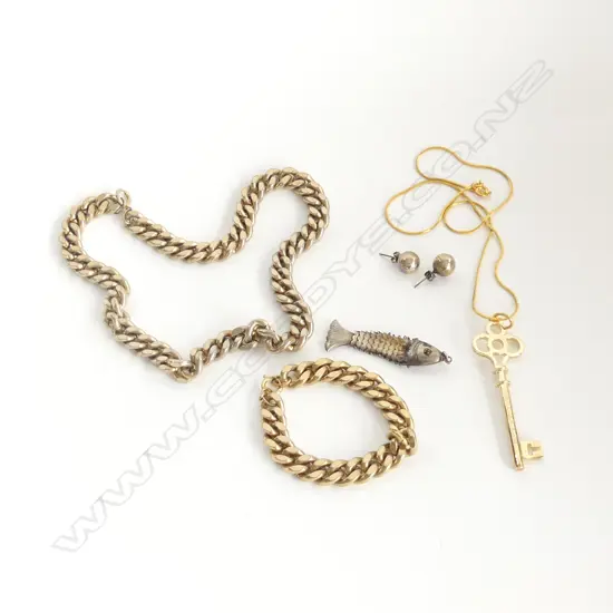 GOLD TONE HEAVY LINK CHAIN NECKLACE, KEY & CHAIN, SILVER FISH PENDANT & PR STG SILVER STUD EARRINGS