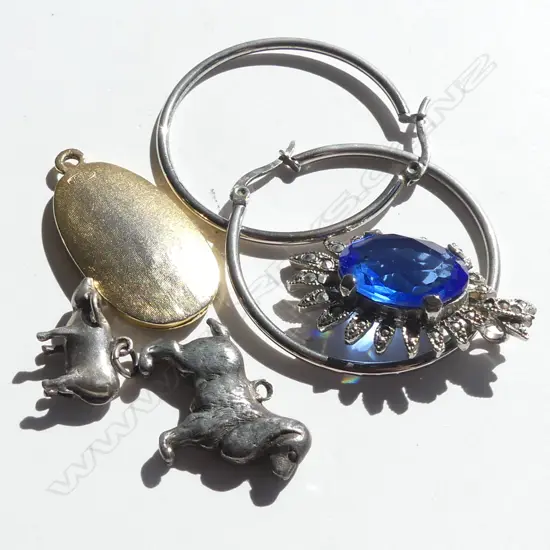 2 PENDANTS; 1 A/F, PR LG SILVER HOOP EARRINGS + 2 SILVER CHARMS (PIG & SPANIEL)