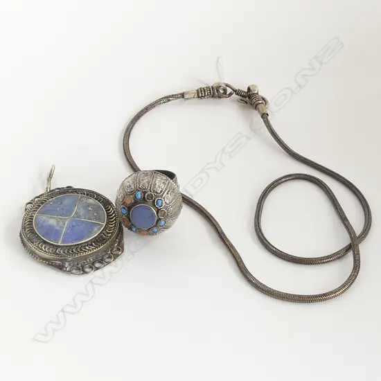 AFGHAN SILVER & LAPIS LAZULI RING & PENDANT + AFGHAN SILVER CHAIN