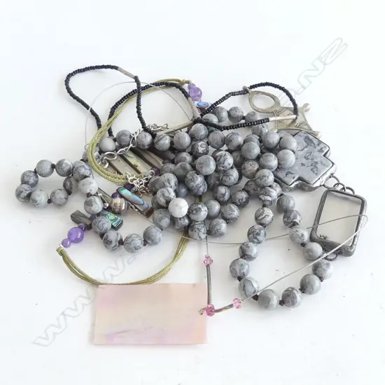 4 PENDANT NECKLACES; STONE BEADS, PAUA SHELL ETC..