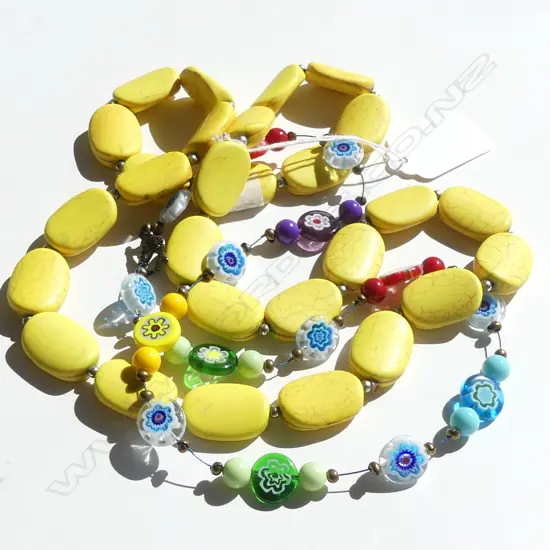 YELLOW STONE BEAD NECKLACE & MILLEFIORE GLASS BEAD NECKLACE
