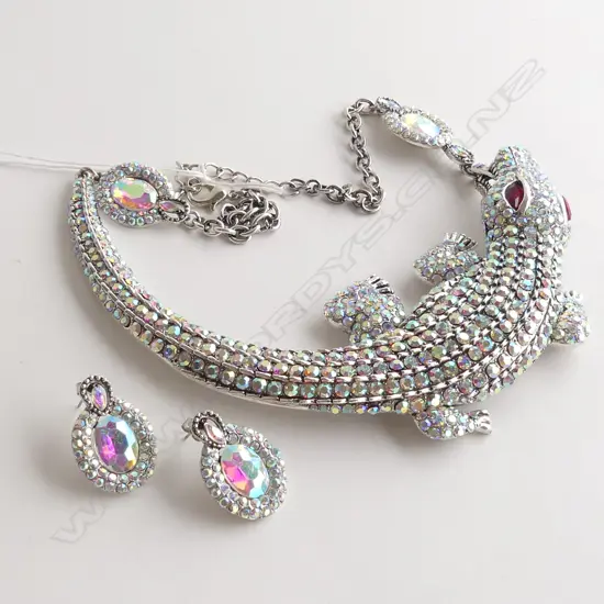 LARGE DIAMANTE ENCRUSTED CROCODILE NECKLACE & EARRINGS