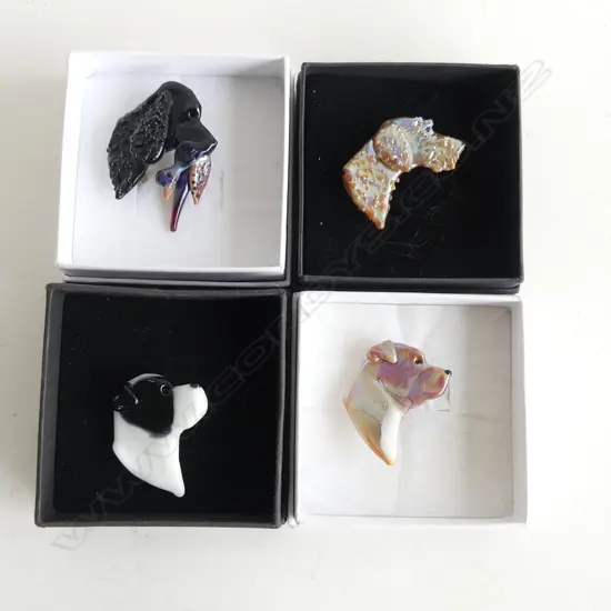 NEIL HARRIS DECORATIVE GLASS JEWELLERY; 4 ASST DOG BROOCHES - EACH IN INDIVIDUAL BOX...