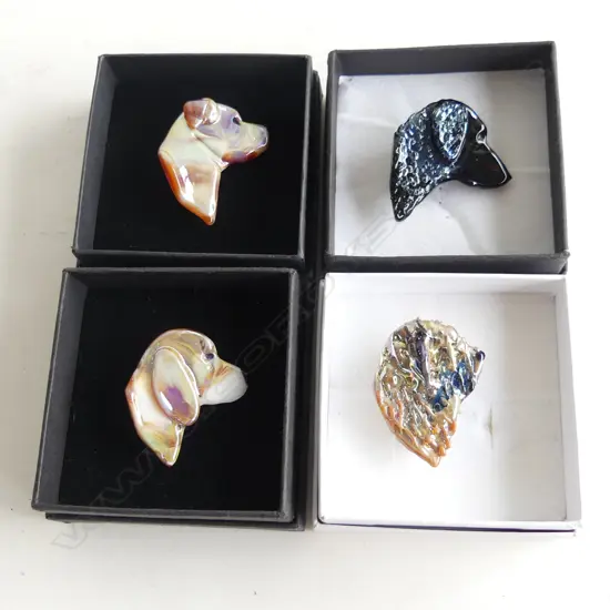 NEIL HARRIS DECORATIVE GLASS JEWELLERY; 4 ASST DOG BROOCHES - EACH IN INDIVIDUAL BOX...