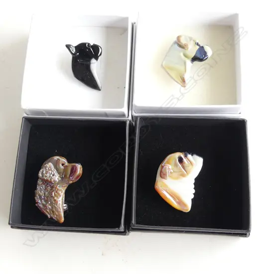 NEIL HARRIS DECORATIVE GLASS JEWELLERY; 4 ASST DOG BROOCHES - EACH IN INDIVIDUAL BOX...