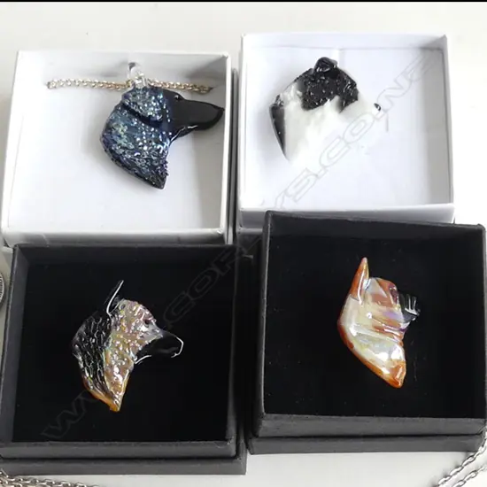 NEIL HARRIS DECORATIVE GLASS JEWELLERY; 3 DOG BROOCHES & 1 DOG PENDANT + 1 OTHER- EACH IN INDIVIDUAL BOX...