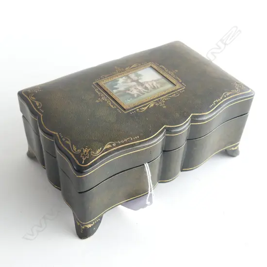 ITALIAN HAND TOOLED LEATHER HAND PAINTED JEWELL BOX L.180mm