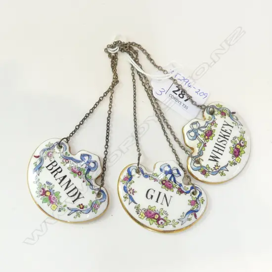 SET THREE ROYAL CROWN DERBY DECANTER LABELS - WHISKY, GIN & BRANDY