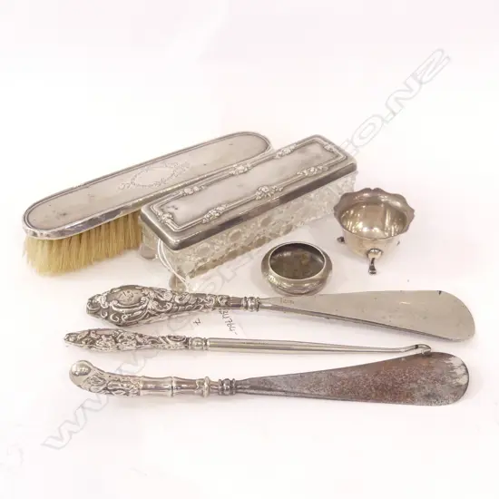 2 STG SILVER SHOE HORNS & LACER, STG SILVER BACKED BRUSH & LIDDED GLASS CONTAINER + 2 SM STG SALTS