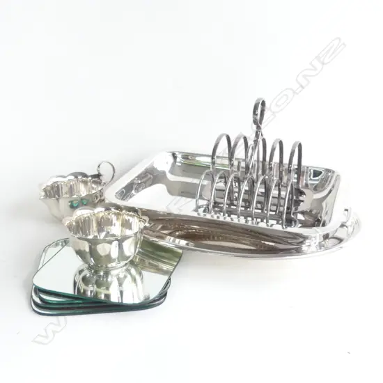 SILVER PLATE; 2 TOAST RACKS, BOWL & JUG, 2 SERVING DISHES + 4 MIRROR DISPLAY BOARDS
