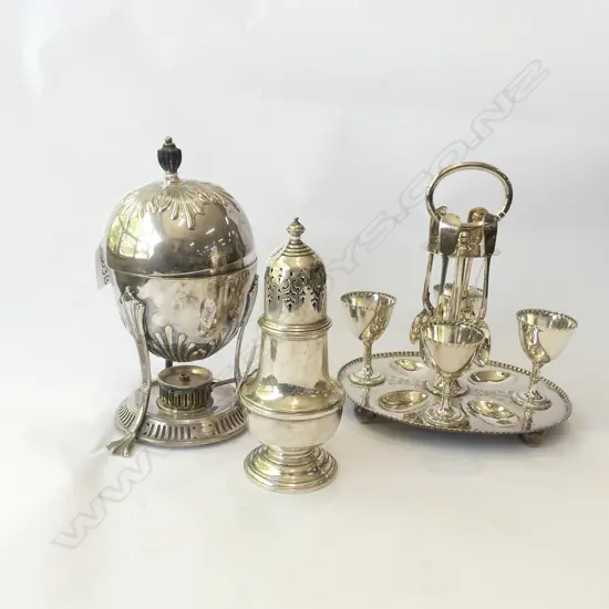 VINTAGE SILVER PLATE; SUGAR SIFTER (H 175MM) EGG CUP HOLDER & SPOONS & ANTIQUE EGG CODDLER / WARMER