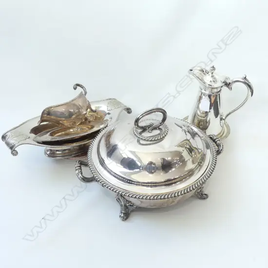8 PCES ASST. SILVER PLATE / OLD SHEFFIELD PLATE; LGE TUREEN 300mm dia, JUG, WINE COASTER, DISH, SAUCE BOAT & PLATE ETC