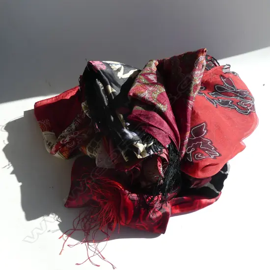 10 ASST. RED & BLACK SCARVES; MOST SILK