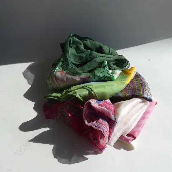 9 ASST. PINK & GREEN SCARVES; MOST SILK