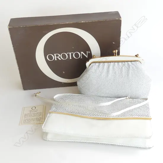 2 OROTON WHITE LEATHER/MESH EVENING BAGS