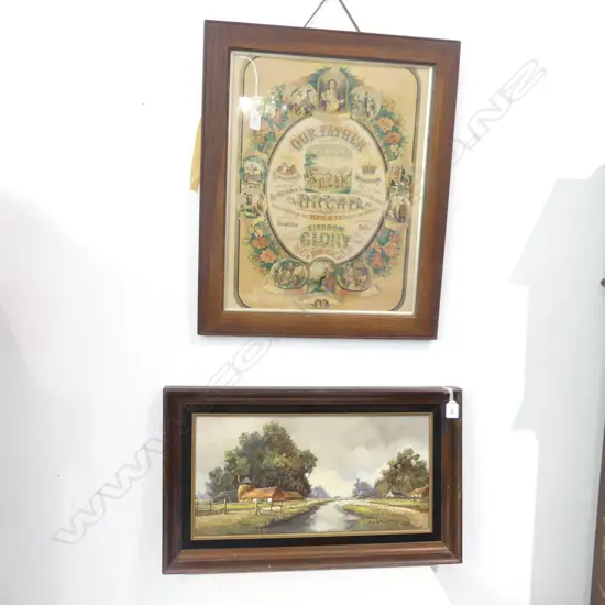 2 ARTWORKS; SIGNED EURO LANDSCAPE OIL 245x490 + RELIGIOUS PRINT; LORDS PRAYER 390x490mm