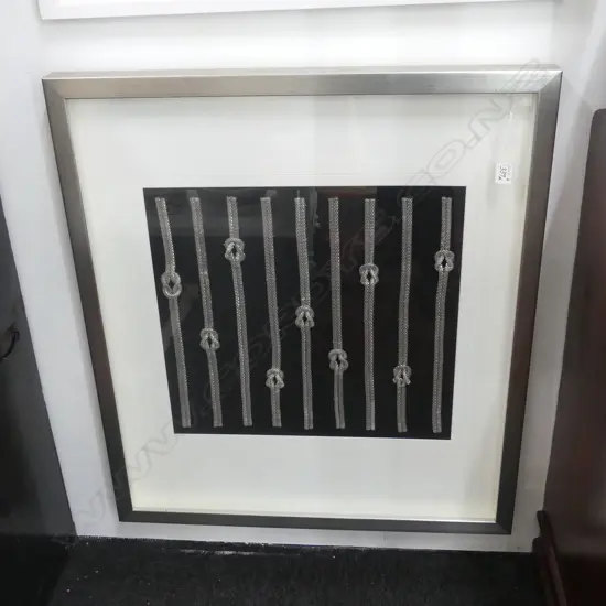 CONTEMPORY FRAMED DISPLAY OF KNOTTED WOVEN SILVER ROPES