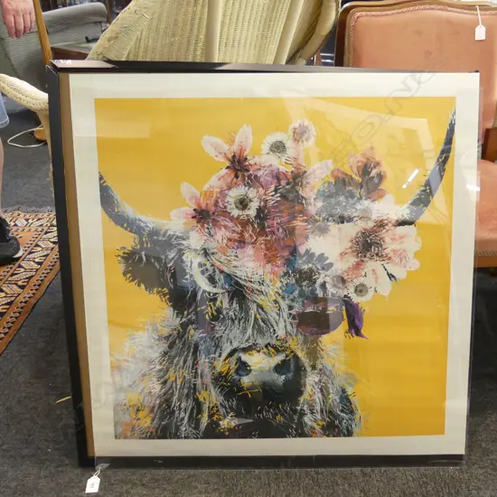 FRAMED PRINT OF A STEER COVERED IN FLOWERS H. 680mm x 680mm AF
