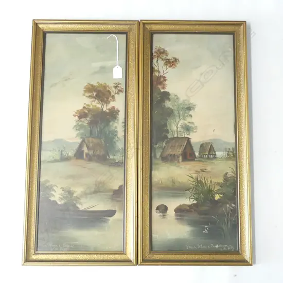 (19802) PR CARL DE RITZ NZ COLONIAL OIL PAINTINGS 'MAORI WHARE & CANOE' 600x230mm +...