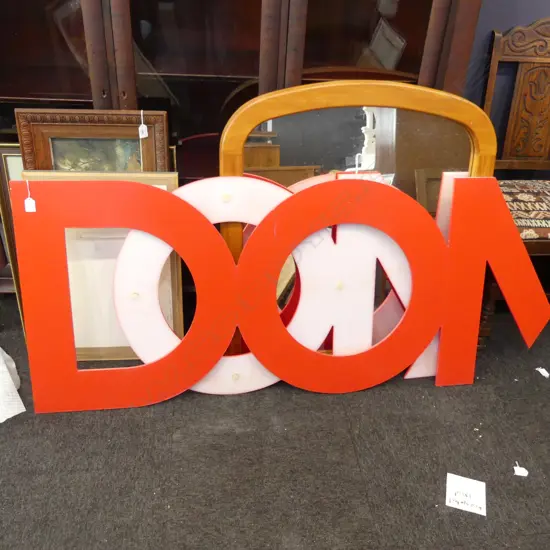 LARGE RED PAINTED PERSPEX SIGN 'DOMO' LATIN FOR THANK YOU H.660mm