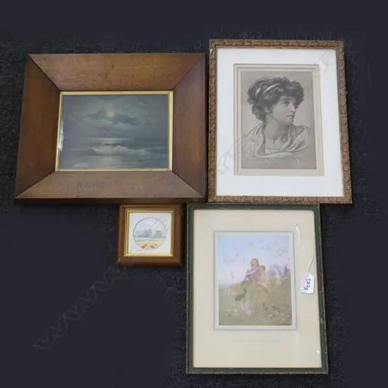 4 ARTWORKS; SM S. FRASER ' ESSEX COUNTRYSIDE' WATERCOLOUR (DIA 55MM) + 3 OTHER - LARGEST 200 X 150MM