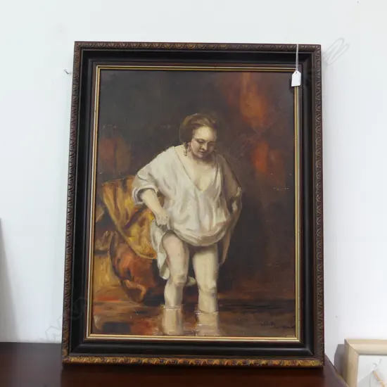 AFTER REMBRANDT, WOMAN BATHING, OIL ON BOARD, 645 x 485mm