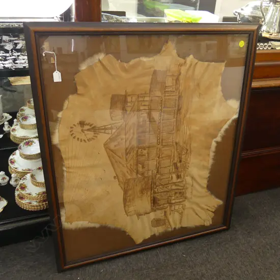 TERRY SALEH 'THE OUTBACK HOMESTEAD' FRAMED ANIMAL HIDE ARTWORK 800x940mm