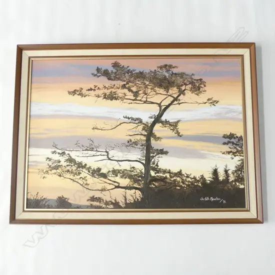 OIL ON BOARD BY JUDITH MORETON 'TE AROHA SKIES' SIGNED & DATED '71 H. 525 x 730mm