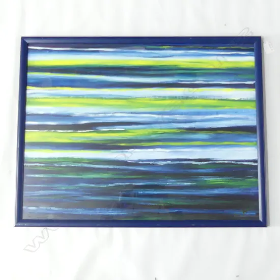 MODERNIST OIL BLUE WHITE YELLOW STRIPS H. 490 x 640mm