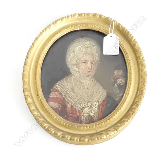 ANTIQUE SMALL OIL ON TIN  PORTRAIT WOMAN W LACE COLLAR & BONNET 210 x 180mm