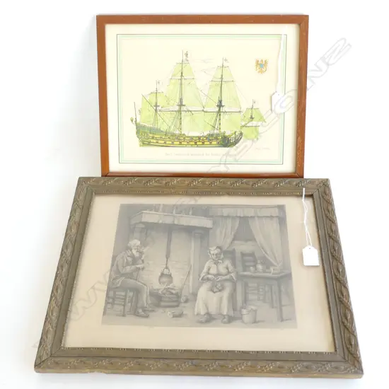 2 FRAMED ART WORKS; SAILING SHIP (290 X 230MM) + B&W ENGRAVING (280 X 220MM)