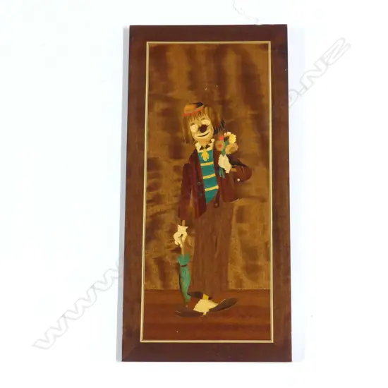 VINTAGE MARQUETRY INLAID WOODEN CLOWN WALL HANGING C 1960'S 230 X 480MM